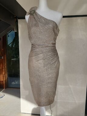 David Meister One-Shoulder Metallic Gold/Taupe Cocktail Dress